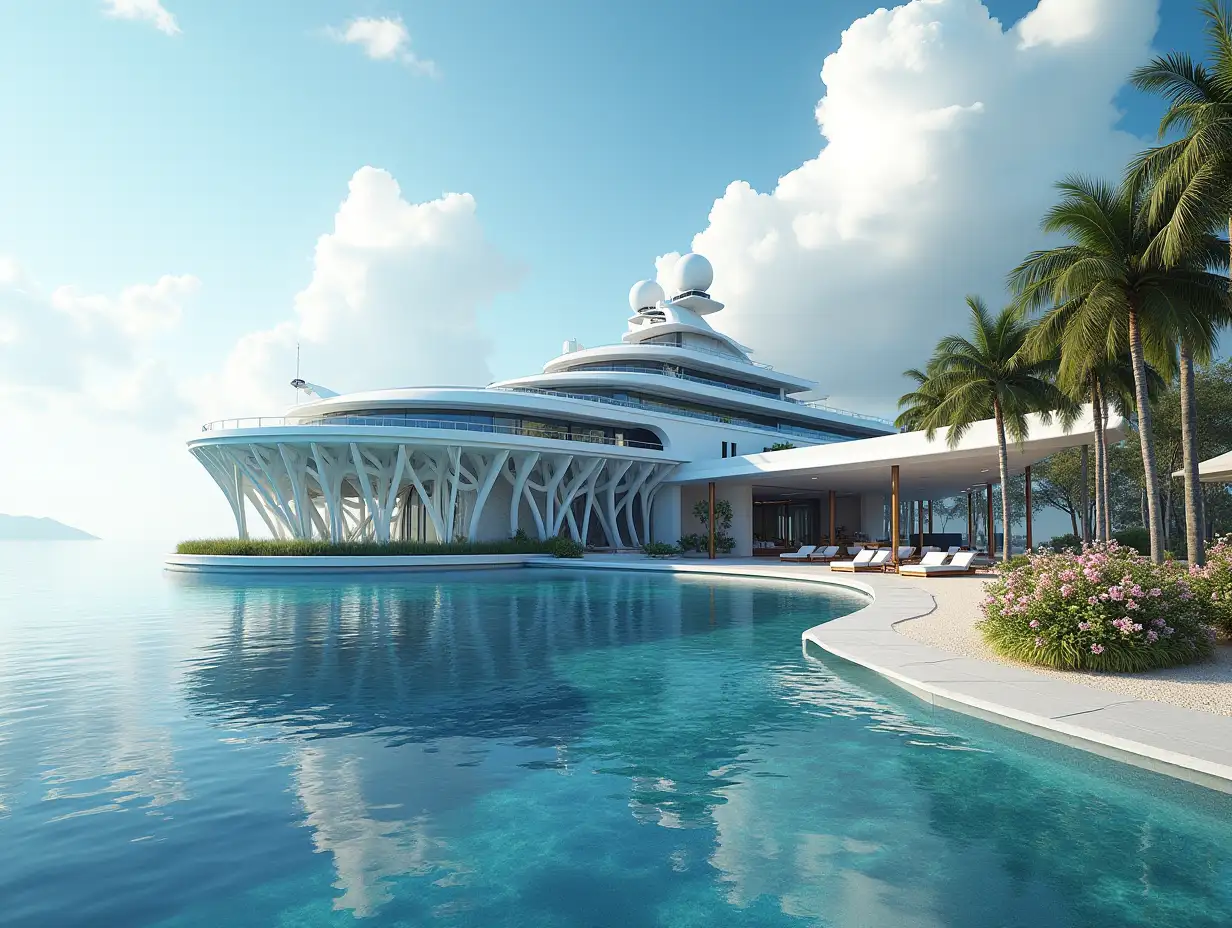 Create a high-resolution realistic image in 4k resolution a futuristic patterned building with curved pillars, large trees, flowery beach and pool a futuristic very large yacht with glass windows cloudy sky