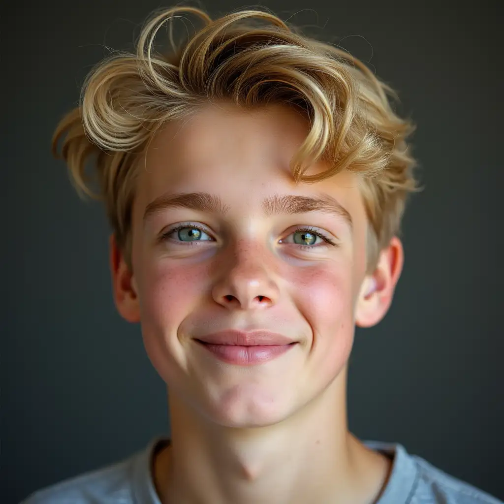 extremely sharp and detailed portrait of a 15 year old boy with very light blond hair, light brown eyebrows, visible blond facial hair