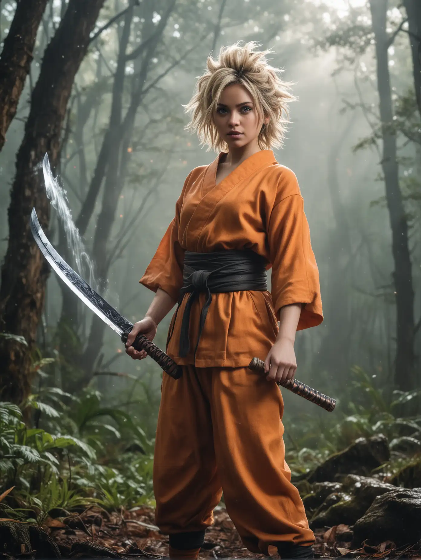 Mia Malkova cosplaying as Son goku stands proudly with piercing eyes staring ahead, she was holding long katana in the giant mushroom's forest background of light mist and wind blowing