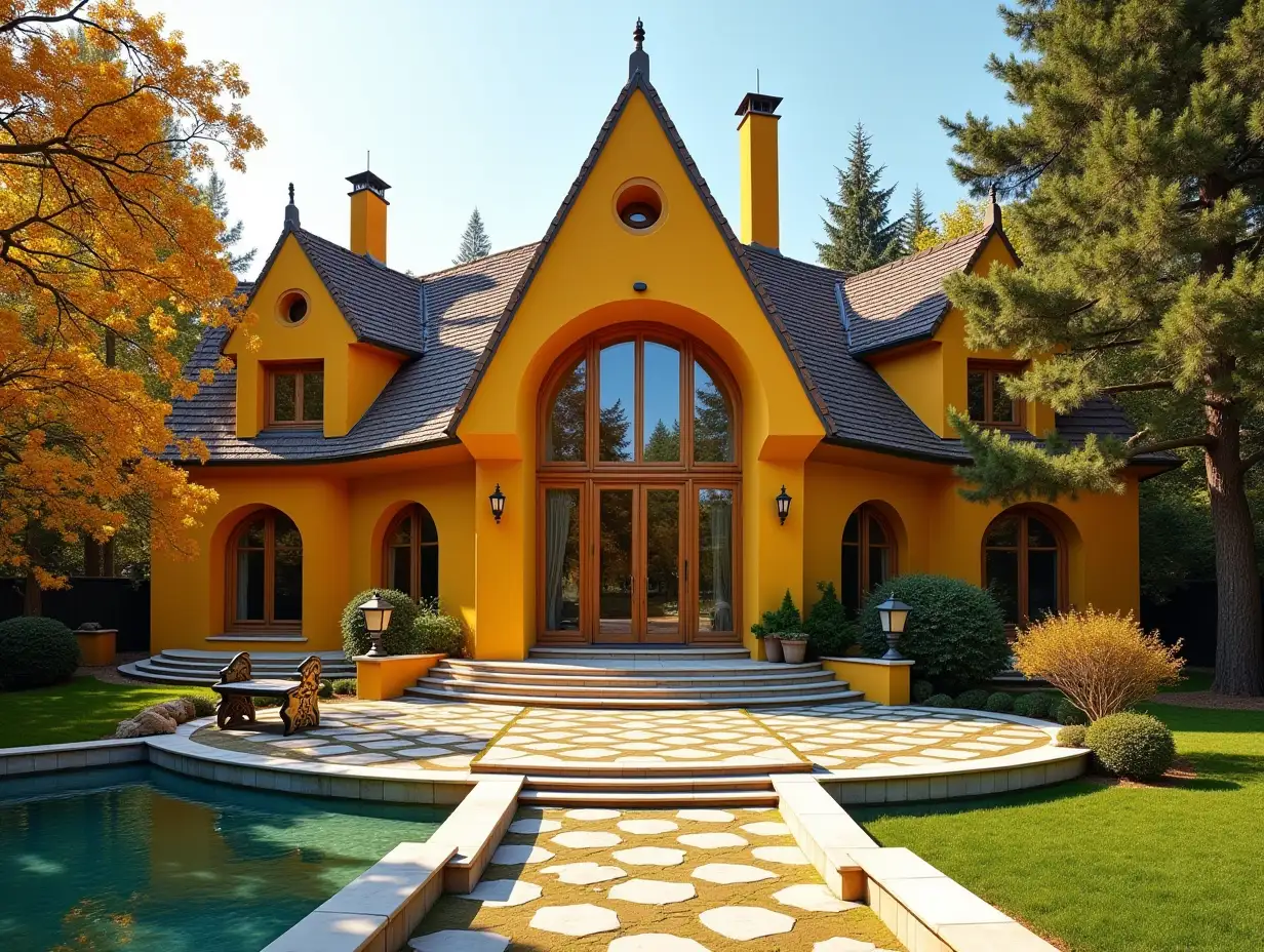 Crooked House, Garden  Bepflanzung-Sauber, with golden stucco, large windows with glass closed, curved, smooth window shapes, winding grand entrance steps of marble, Complex pointed roof with pond, lanterns, bench made of gold, Orange tree 4K resolution colorful superwide-angle shots