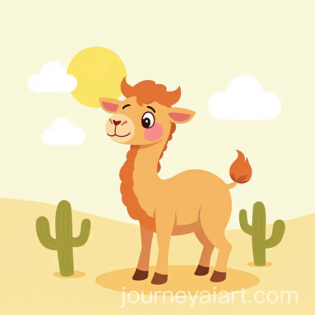 Friendly-Camel-in-Desert-Landscape-with-Sun-and-Cactus-Plants