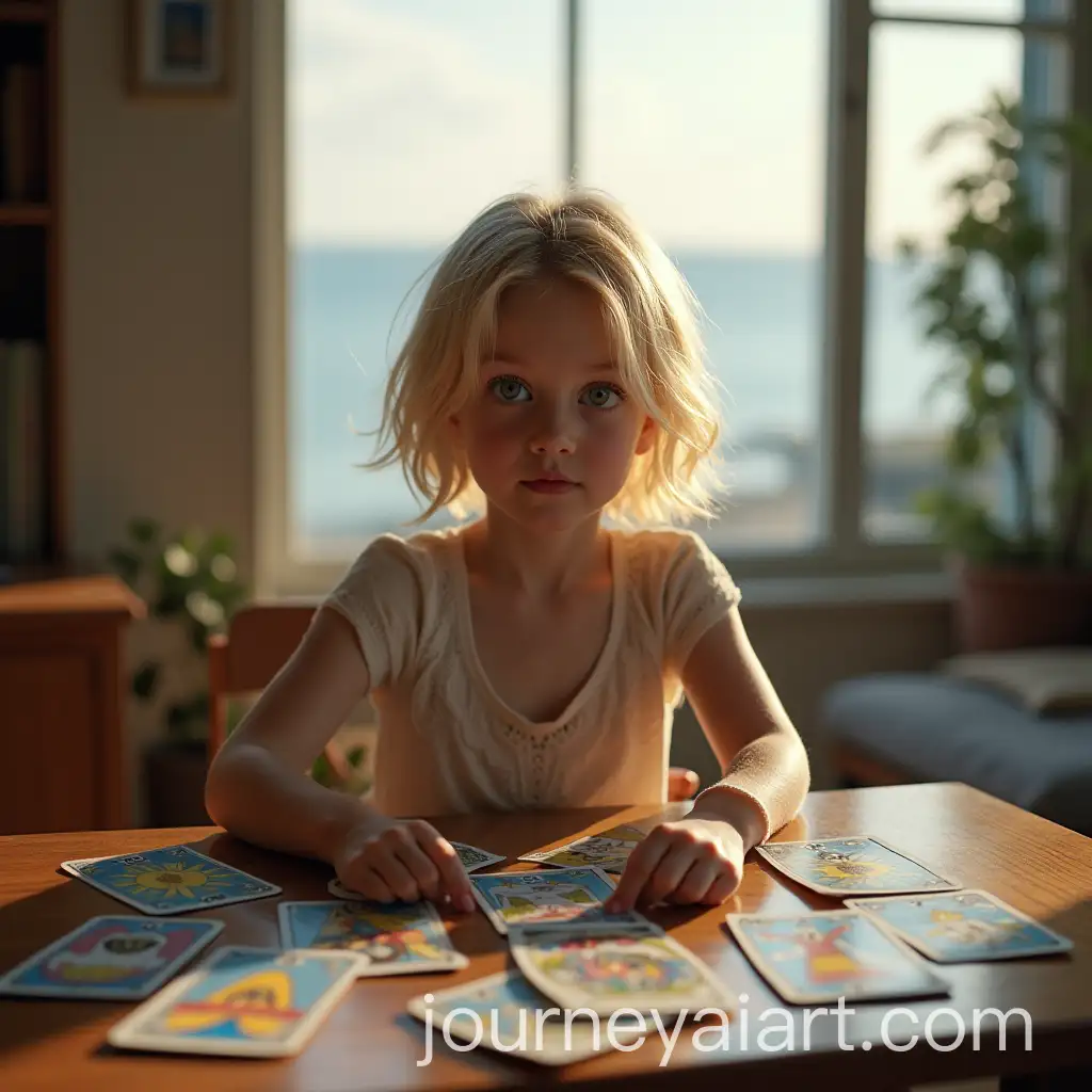 Blonde-Girl-Laying-Out-Tarot-Cards-in-Modern-Room-with-Sea-View