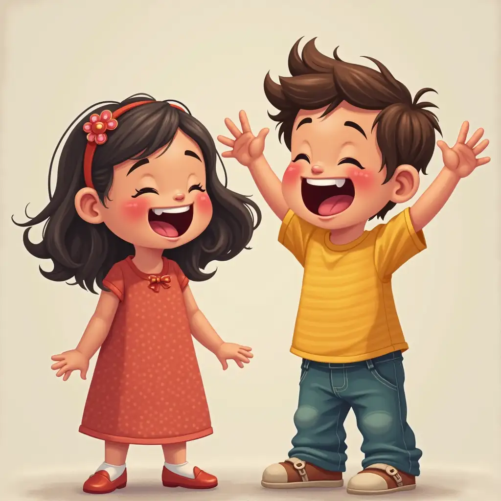 Create two kids in the image, one will be on the right side and one will be on the left side of the image and both are laughing