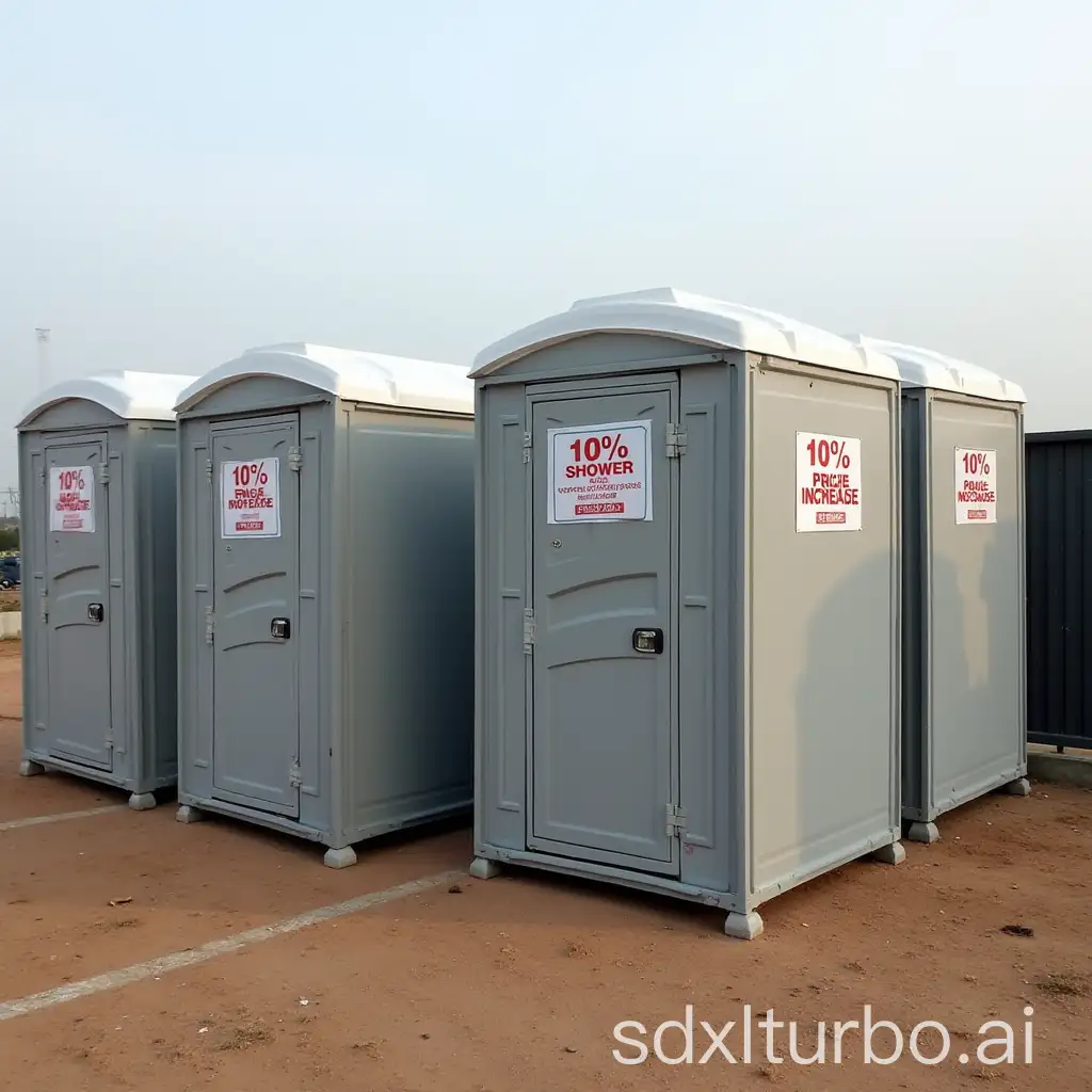 Create an image representing a news story about a 10% price increase for mobile toilet cabins and mobile shower cabins in the South of Russia and Crimea. Show a few mobile toilet and shower cabins in an outdoor setting, typical for construction sites or events, with clear signage indicating the price increase (e.g., '10% Price Increase'). The background should hint at the South of Russia and Crimea, with subtle elements like warm, dry landscapes or distant buildings. The atmosphere should be informative yet neutral, focusing on the cabins and the price change.