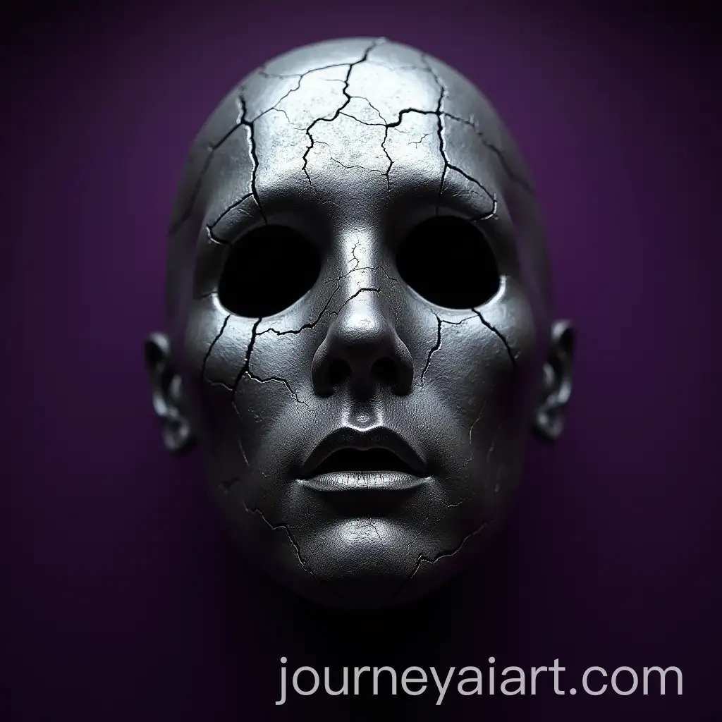 CloseUp-of-Weathered-Silver-Metallic-Mask-with-Cracked-Surface-on-Purple-Background