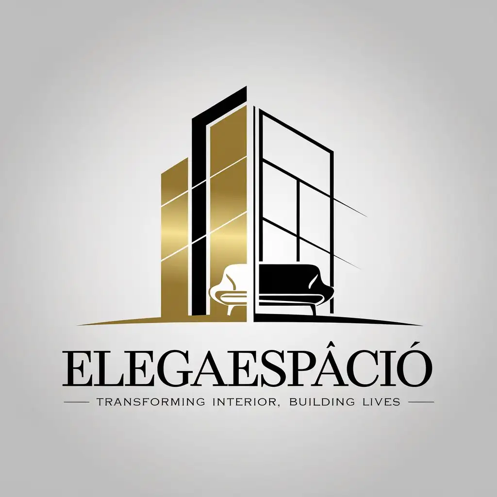 LOGO Design for ElegaEspacio Gold Black with Modern Building and Interior Sofa Theme