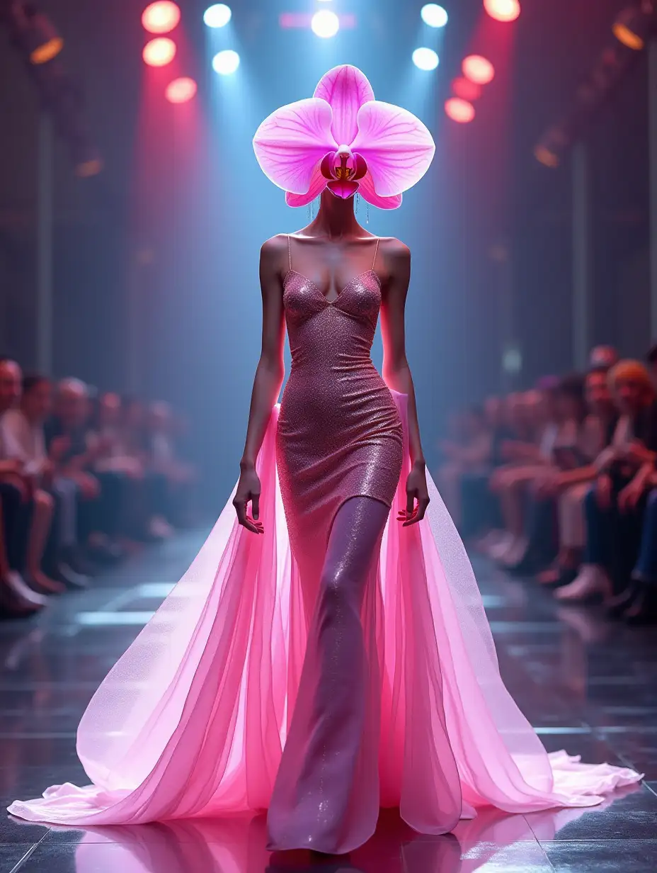 A hyper-realistic, 16K resolution image of a stunning pink orchid anthropomorphized into a fashion model. The orchid stands elegantly on a glossy, futuristic runway, wearing a flowing, iridescent gown that mimics delicate flower petals. The gown sparkles under vibrant spotlight beams, reflecting hues of pink, gold, and silver. The orchid's petals form a natural crown, and its stem-like figure exudes grace and sophistication. The background features an audience of blurred, glowing figures and flashes of cameras, adding to the atmosphere of a high-end fashion show.