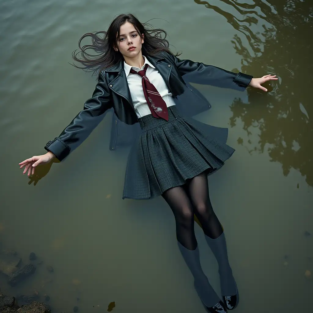 A young schoolgirl in a school uniform, in a skirt, jacket, blouse, dark tights, high-heeled shoes. She is swimming in a dirty pond, lying under water, all her clothes are completely wet, wet clothes stick to her body, the whole body is under water, submerged in water, under the surface of the water, below the water's edge.