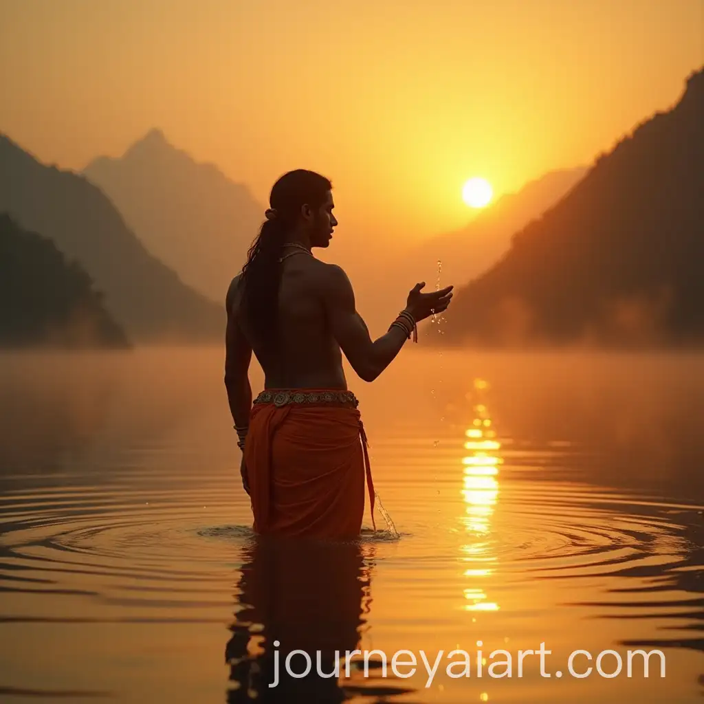 Chhatrapati-Shivaji-Maharaj-Offering-Water-to-the-Rising-Sun-inAI-Image-Prompt-Expansion-a-Calm-River-at-Sunrise