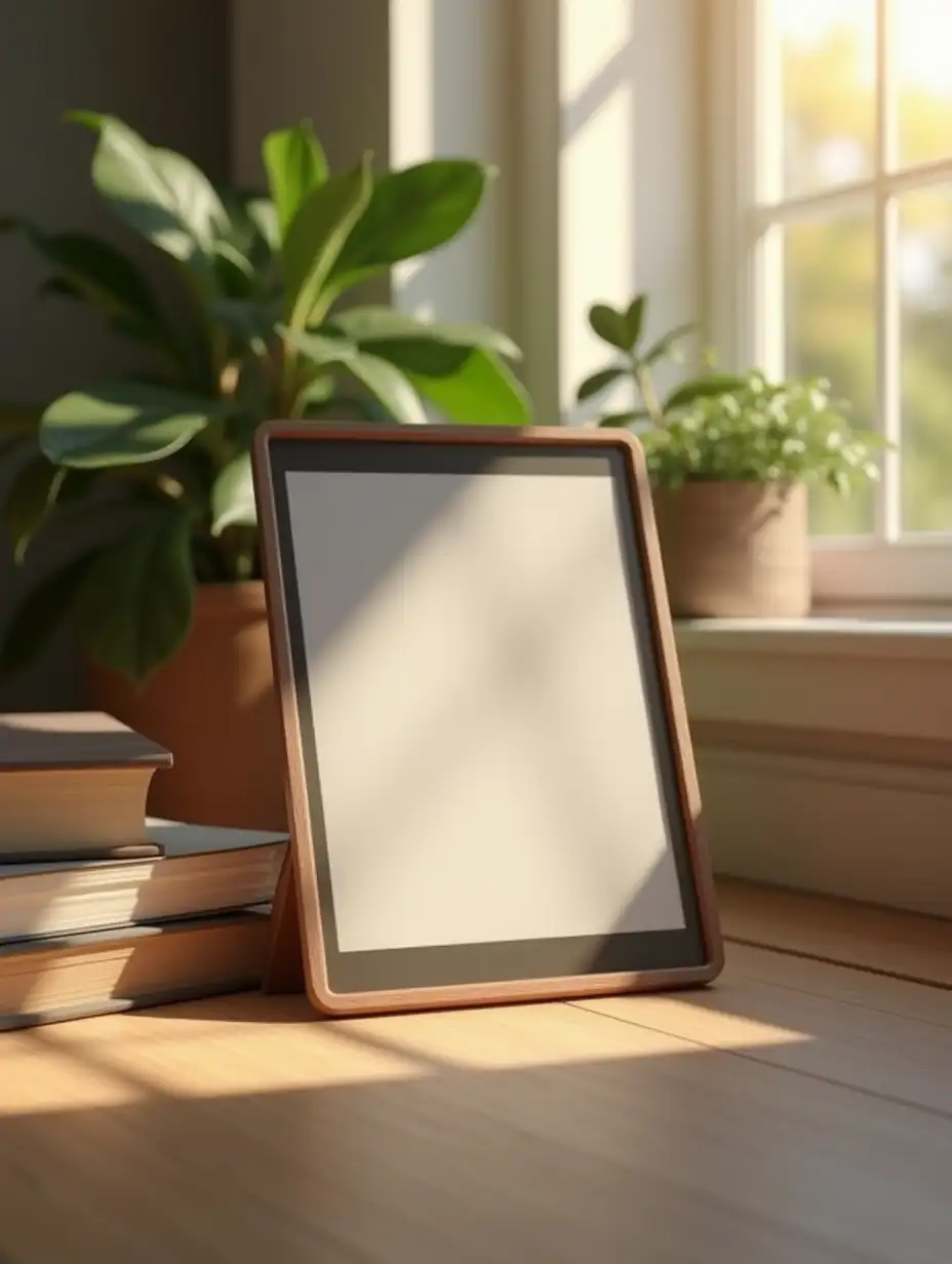 Tablet-with-Sticker-Applied-Surrounded-by-Books-and-Cozy-Decor-in-Warm-Sunlight