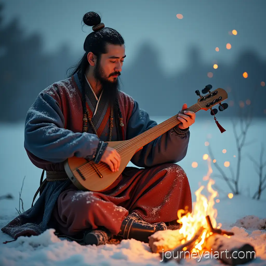 Chinese-Man-in-AI-Image-Prompt-Expansion15thCentury-Clothes-Playing-Guzheng-by-Fire-in-Snowy-Plain