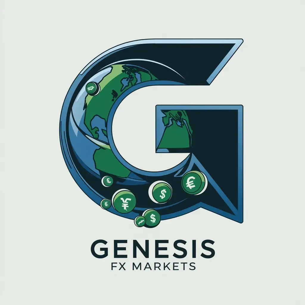 LOGO Design For Genesis FX Markets Bold G Globe Symbol in Blue and Green with Currency Motifs