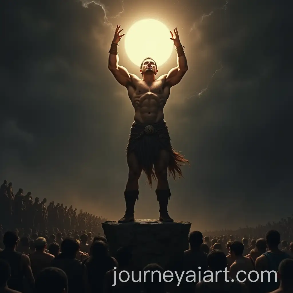 Muscular-Barbarian-Standing-on-Cliff-Holding-Light-with-Crowds-Below