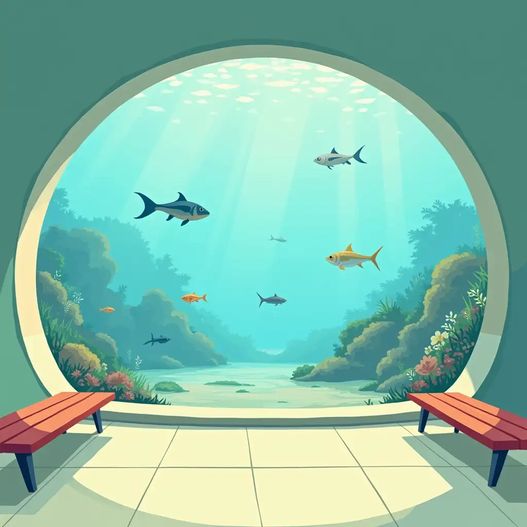 Giant-Touristic-Aquarium-with-Benches-and-Marine-Awareness-Poster-in-Hallway