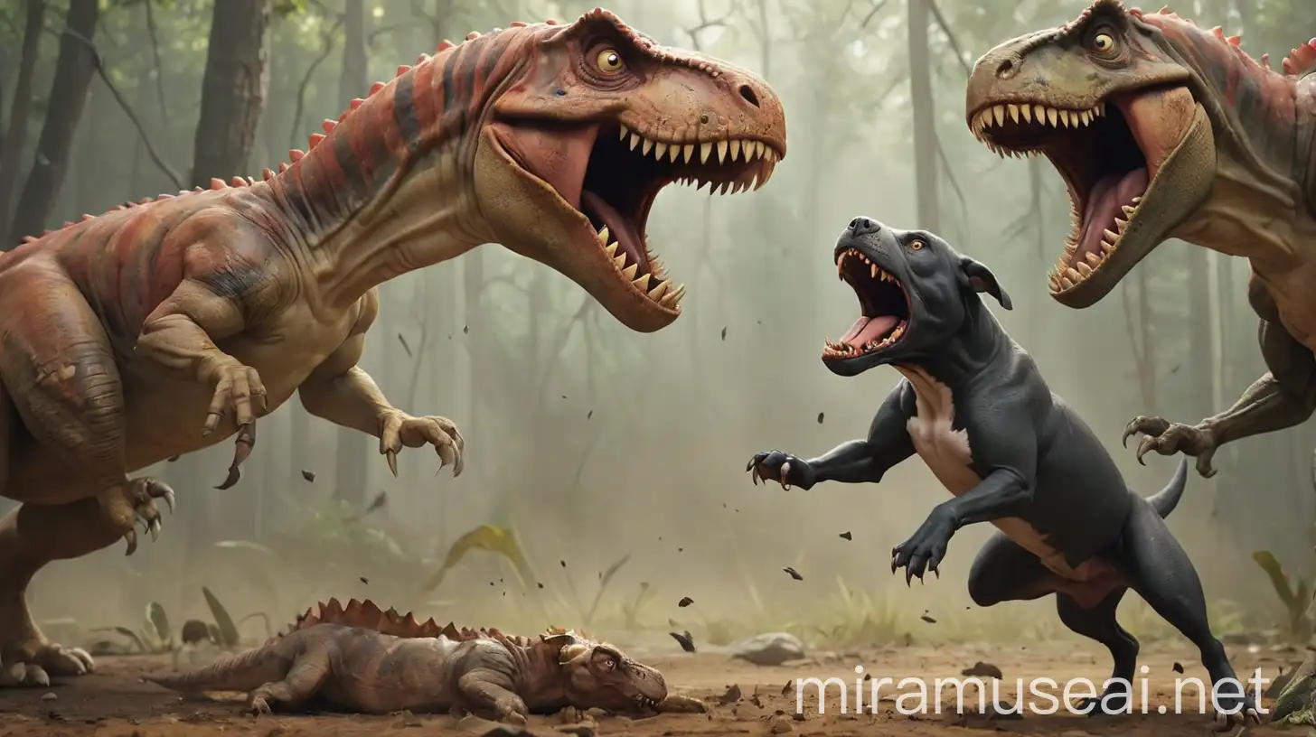 Dog Defeating Tyrannosaurus in Epic Battle