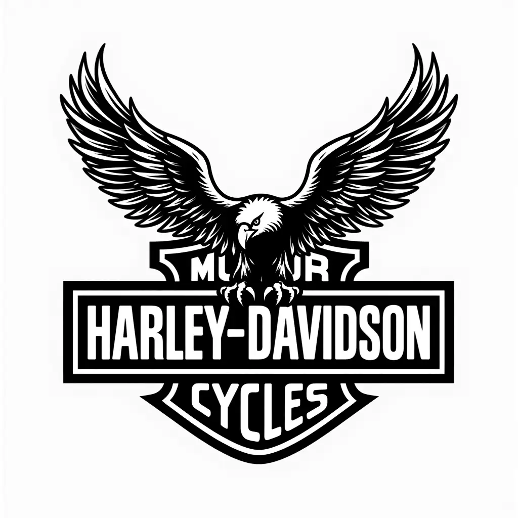 black and white solid color picture of the Harley Davidson logo. With a eagle over top, with the  wings spread eagle. Good detail to the wings of the eagle. Clear 4 k image