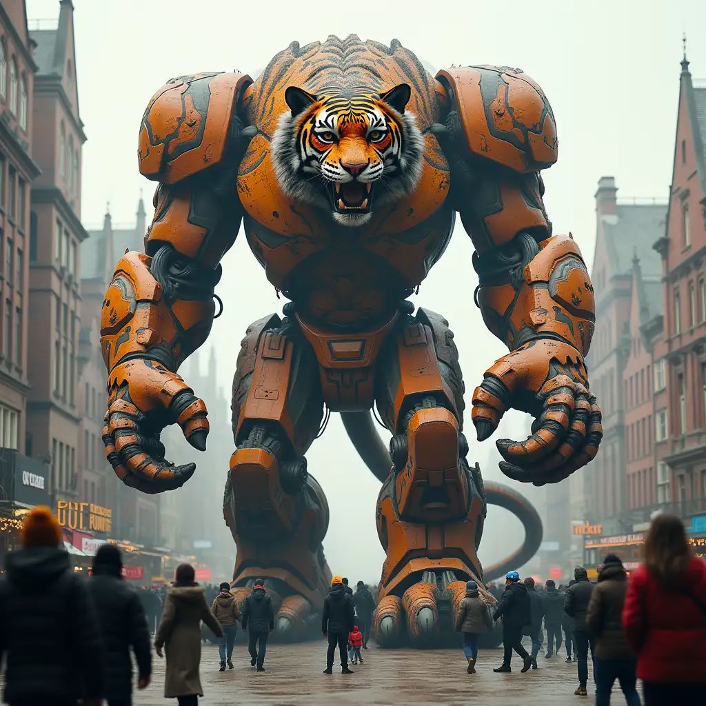 A mixture titan mt tiger 10 meters tall on a market with humans