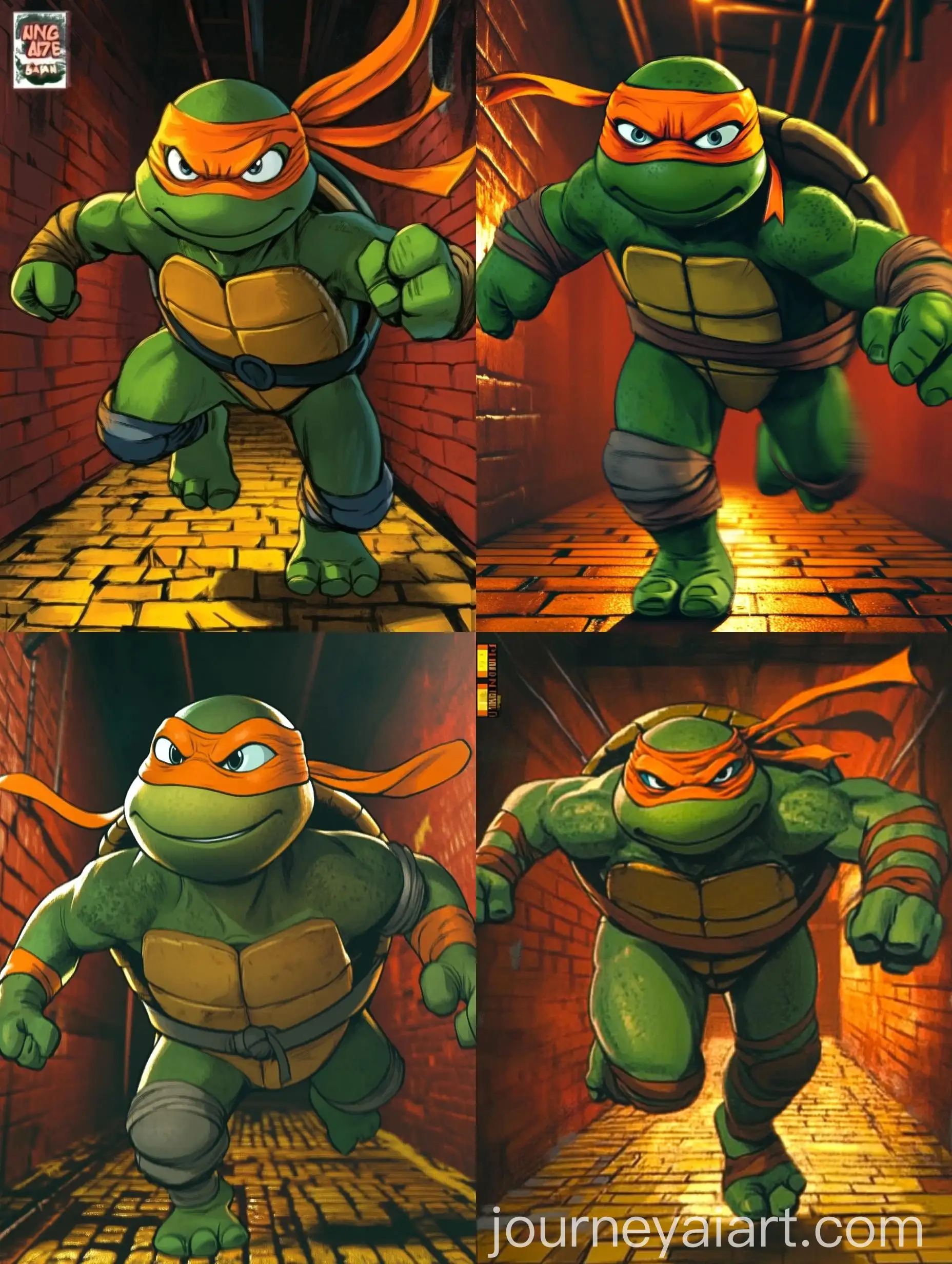 Michelangelo-Running-in-Dark-Brick-Corridor-Teenage-Mutant-Ninja-Turtles-Cartoon-Style