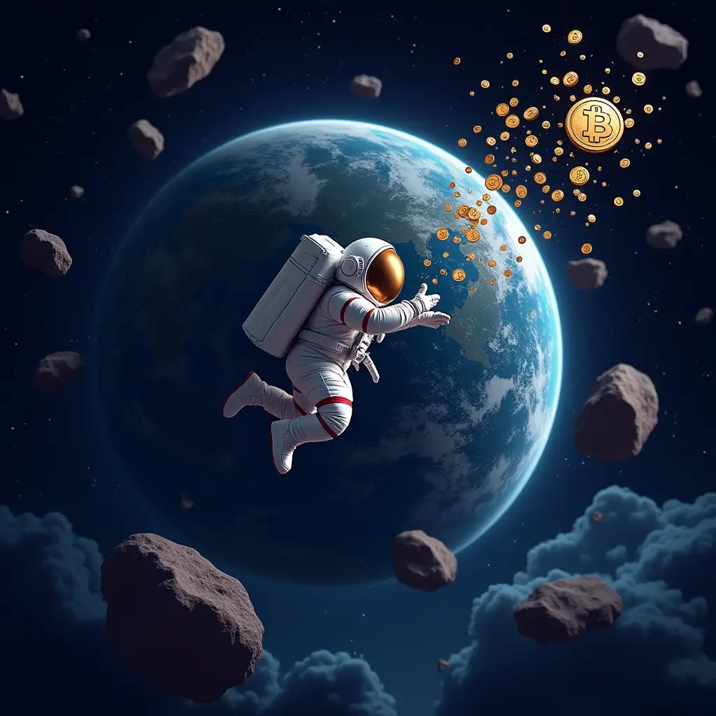 Astronaut floating in space catching crypto coins from asteroid belt. Earth with blockchain grid texture. Deep space background with 'Cosmic Airdrops' in sci-fi font