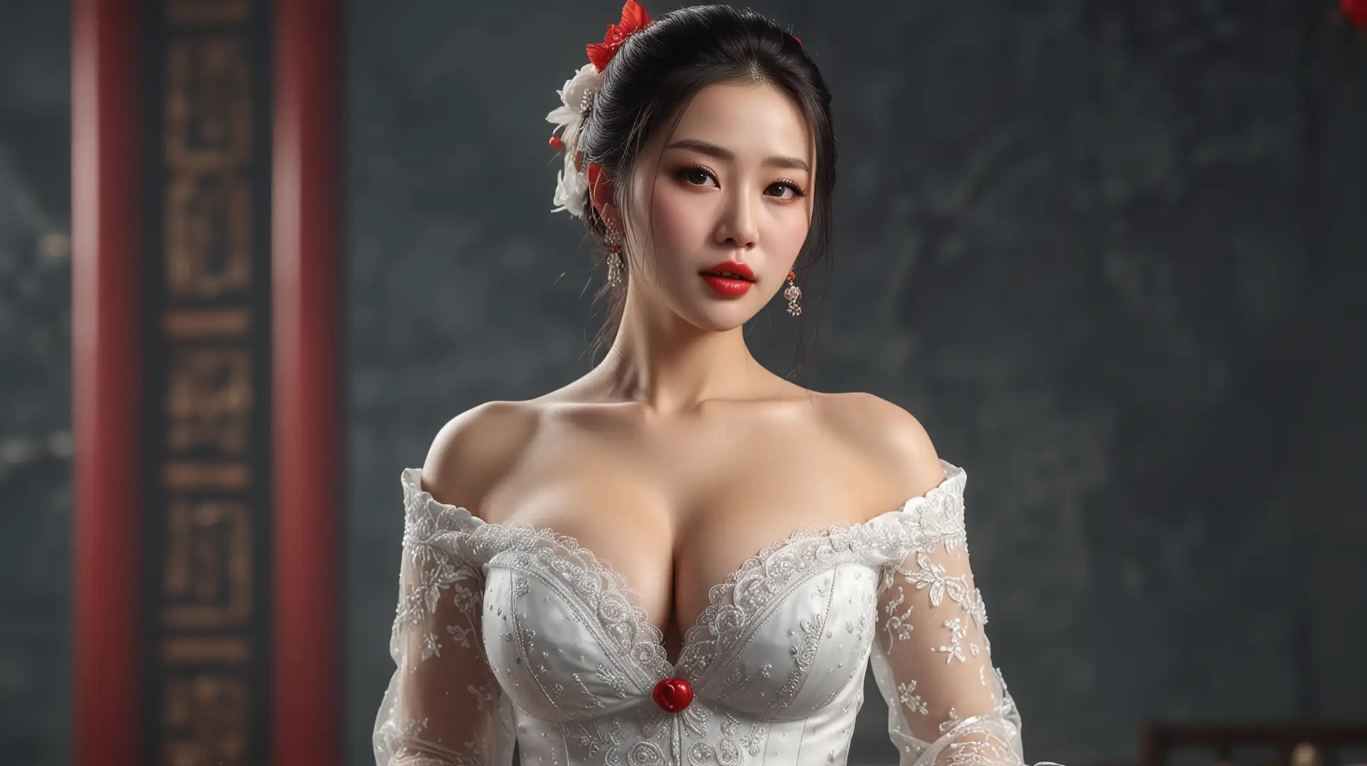 Chinese-Idol-with-Red-Lips-in-White-Dress-PhotoRealistic-Full-Figure-Portrait