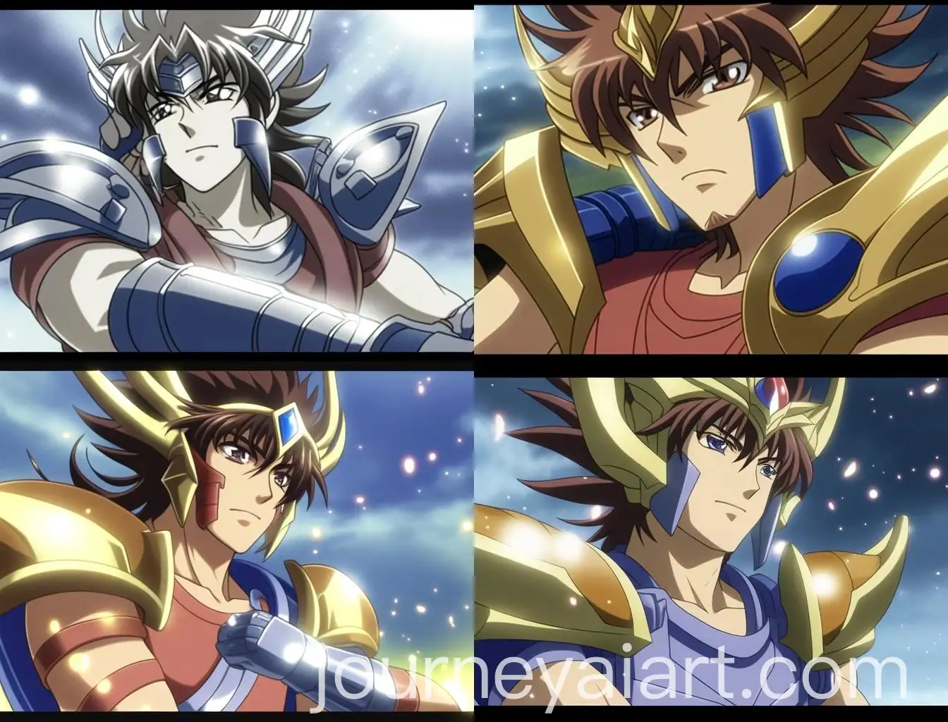 Saint-Seiya-Warriors-in-Colorful-Armor-Battling-Under-a-Rainbow-Sky