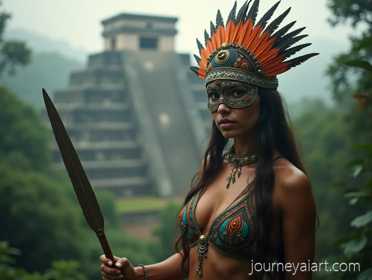Mystical-Portrait-of-a-Warrior-Girl-with-Indian-Mask-and-Ancient-Mayan-Pyramid