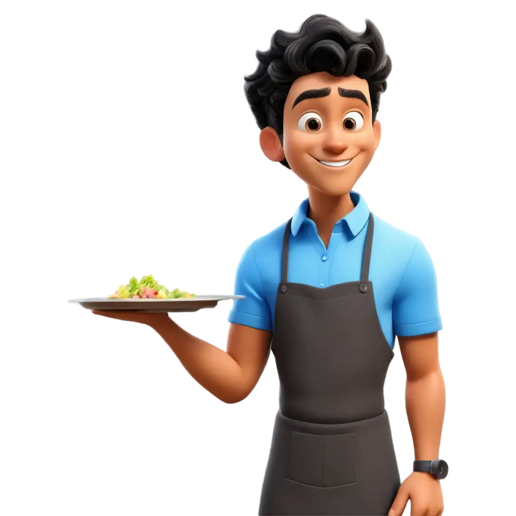 PNG-Image-Usage-ScenariosCartoony-Latino-Waiter-in-Blue-Shirt-PNG-Image-for-Versatile-Digital-Use