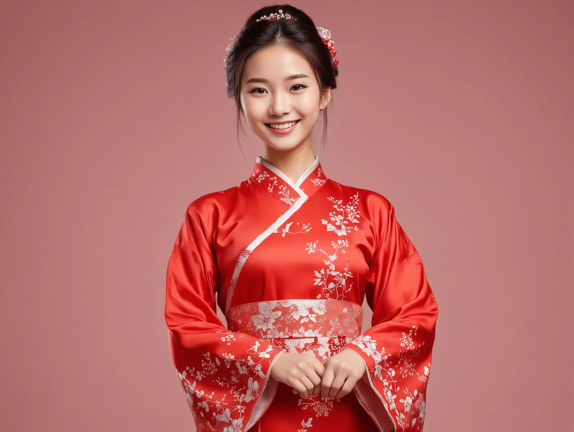 Red color scheme, Chinese girl, dignified attire, simple and generous, without headpiece, cheerful and confident, smile, charming, slender, transparent background