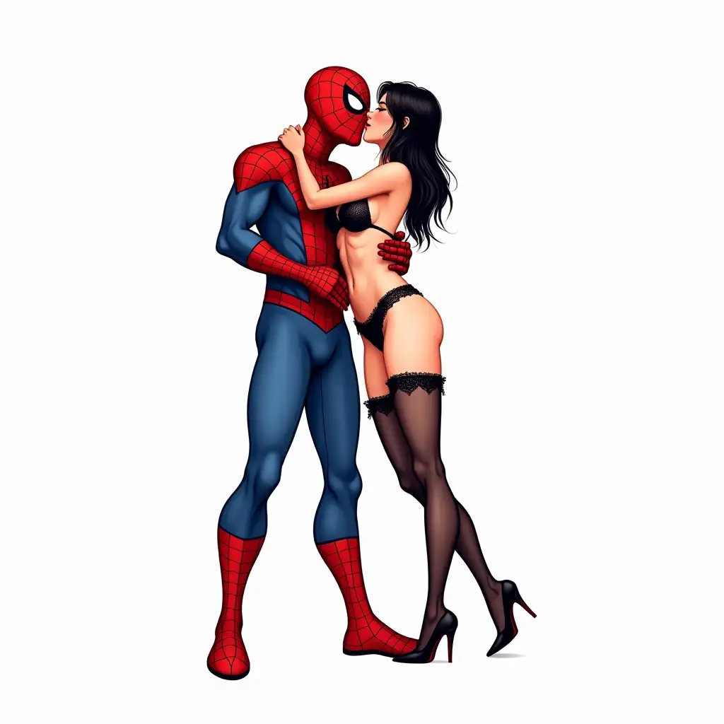 on a white background computer graphics, ink drawing, full-length illustration Spider-Man, who passionately holds a woman in both hands. Spider-Man is dressed in his classic suit with a red mask and black netted patterns. The woman is wearing lace bikini, black stockings, high heels, she has long dark hair. Cartoon, watercolor, art, drawing, animation sketch, fictional character, animation, literature, 32k, 5d