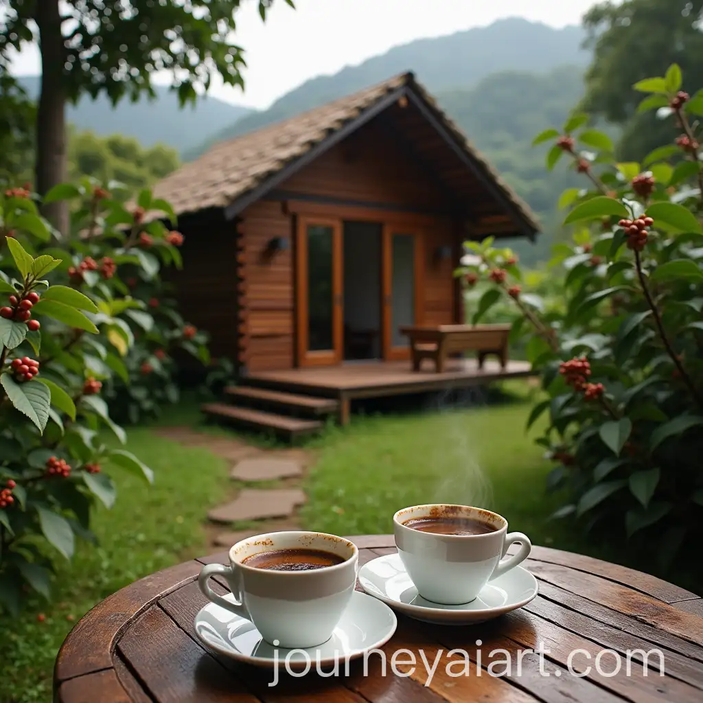Cozy-Coffee-Cabin-with-Steaming-Mugs-in-Plantation-Setting