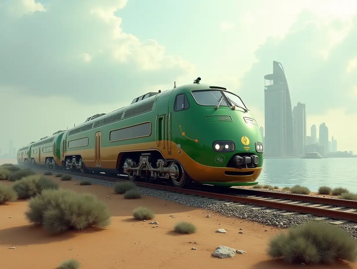 Create a high-resolution realistic image in 4k resolution: a futuristic Meyer locomotive design, green and gold with silver on tracks, in the desert with bushes on both sides, a sea with futuristic high buildings and a cloudy sky