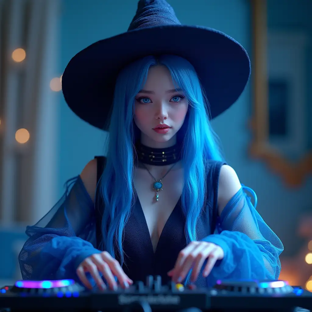 A stunning sorceress DJ with long, flowing blue hair, styled naturally with soft strands. She wears an elegant, dark blue light translucent wizard outfit, highlighting her shoulders and young torso features, volumous. A stylish brimmed hat. Her left eye is an intense blue, her right eye is soft pink. She is performing as a DJ, gracefully adjusting a futuristic, magical DJ setup. The scene is illuminated by soft, diffused lighting, casting realistic shadows and reflections. she is in her room, but background is blurred focusing attention on her detailed, lifelike features. Unreal engine 3D, she is placed in front of the camera.