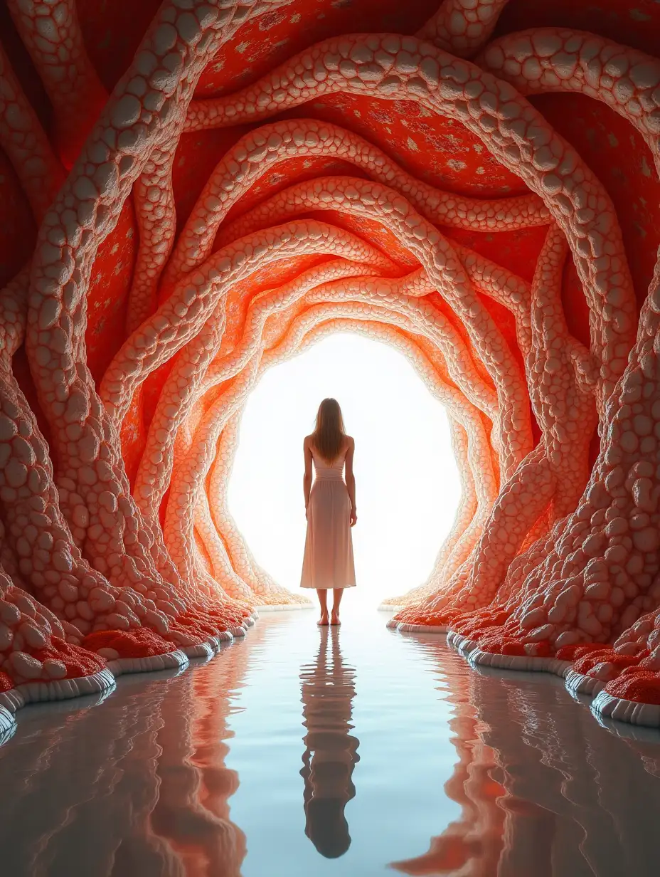 A woman stands at the entrance to an intricate organic tunnel; view from bottom to top. The walls of the tunnel are a mesmerizing swirl of red, tiger and white patterns reminiscent of biological structures. A woman's bare feet barely touch the threshold, her body reflected in the glossy floor. A surreal, enigmatic photograph.