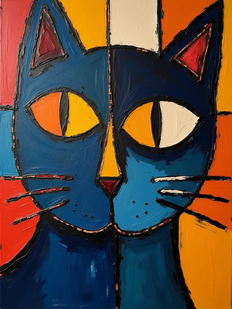 Picture in a grid of a cat's face in the style of Kandinsky, Malevich, minimalism, simplified for a beginner artist with acrylic many colors, constructivism abstractionism, gloomily