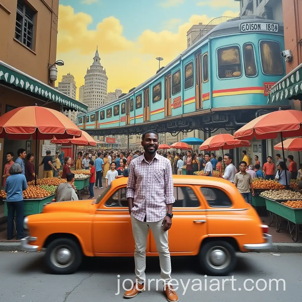 Vibrant-Urban-Mural-with-Orange-Taxi-and-Bustling-Marketplace