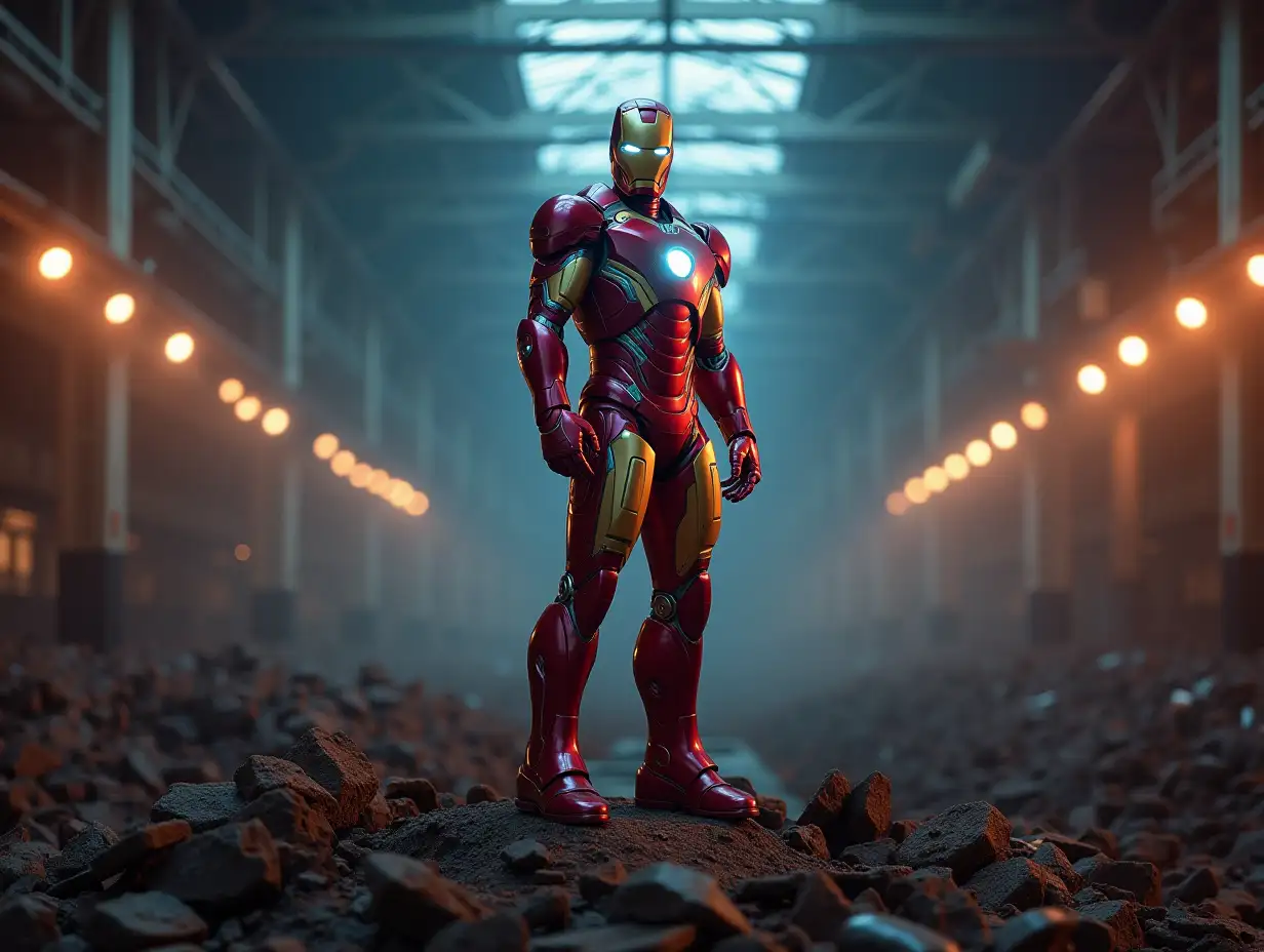 IronMan in a rosa portrait in 8k resolution in a very bright room with many lighting and he stands on the ground of a heap of rusty metal with spotlights shining on him