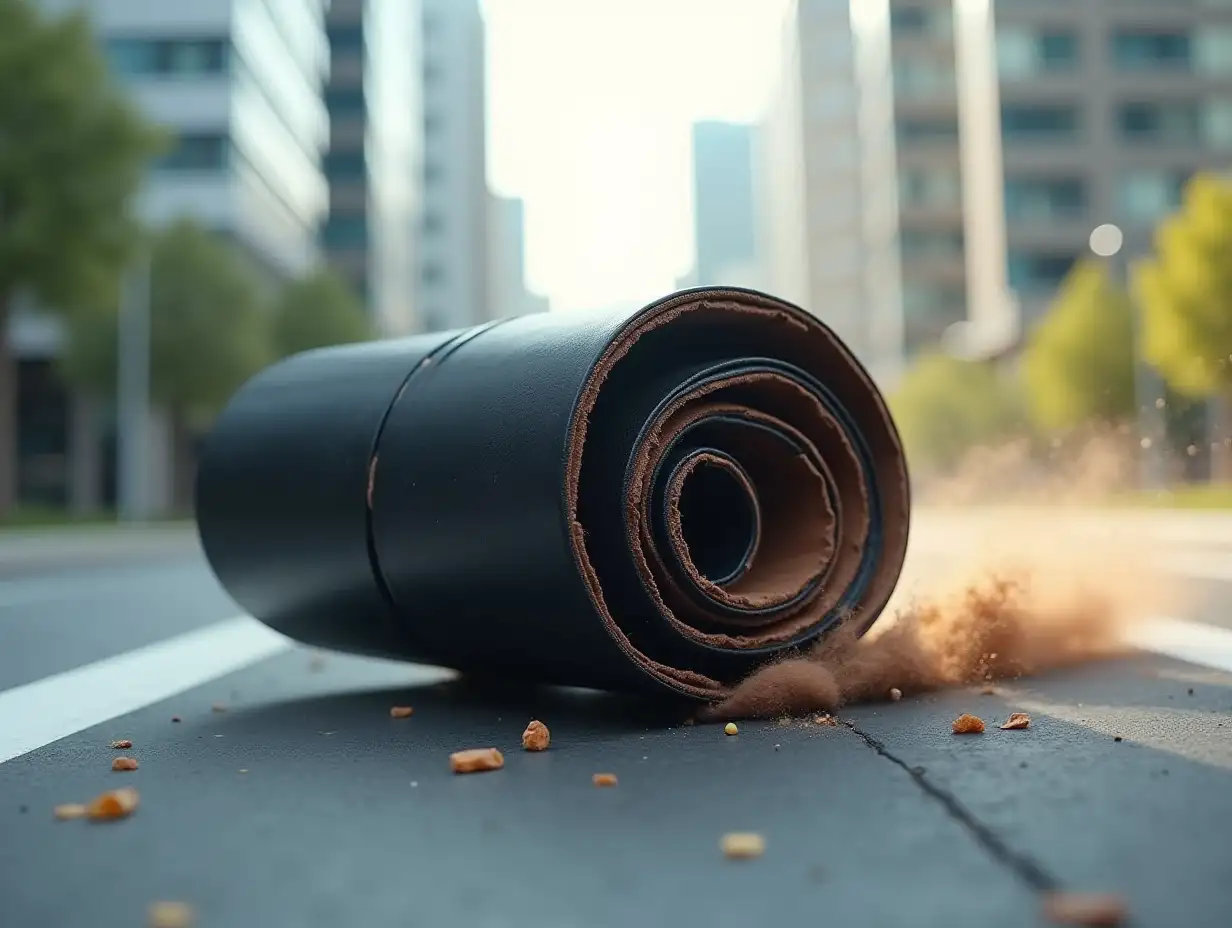 A black leather roll, similar to one from a science fiction movie, dropping and speeds down a modern urban road and quickly transforms into a black leather wallet whose leather parts effortlessly unfold and reassemble leather wallet. Debris and dust rise from the ground as it passes. The background is blurred due to the speed, suggesting fast-paced action. The camera angle is dynamic, following the robot as it frantic races. The lighting is bright, and the movements are intense.