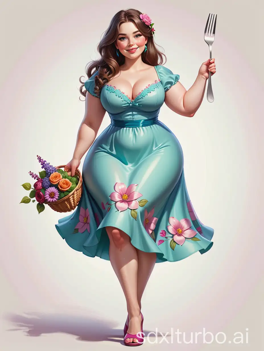 Caricature of a curvy lady wearing a dress with flowers and slippers and holding in her hand a large kitchen fork