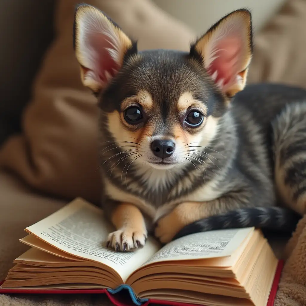 Pets dog chihuahua, cat maikun, striped gray cat. I love books and horses