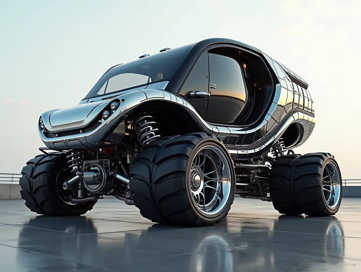 Supermodern utopian sportomnibus with gears, aluminum wheels, wide tires, black and white ,and silver colored,utopian, silver-black striped, chrome-wheels, Cyberpunk