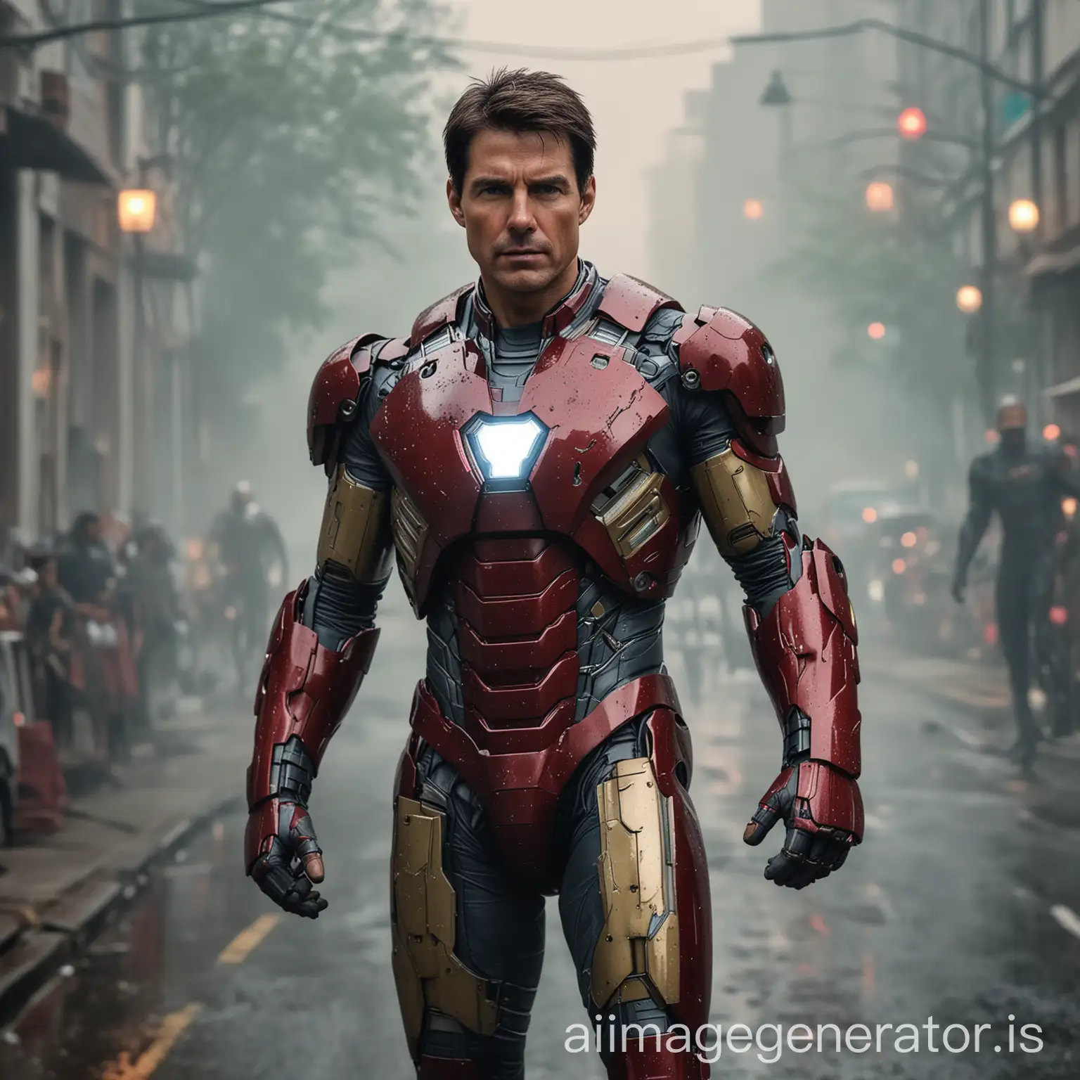 Tom Cruise  in Ironman suit superior, serious face,No Mask, semi full body, 8k photography, high resolution, in foggy street as background