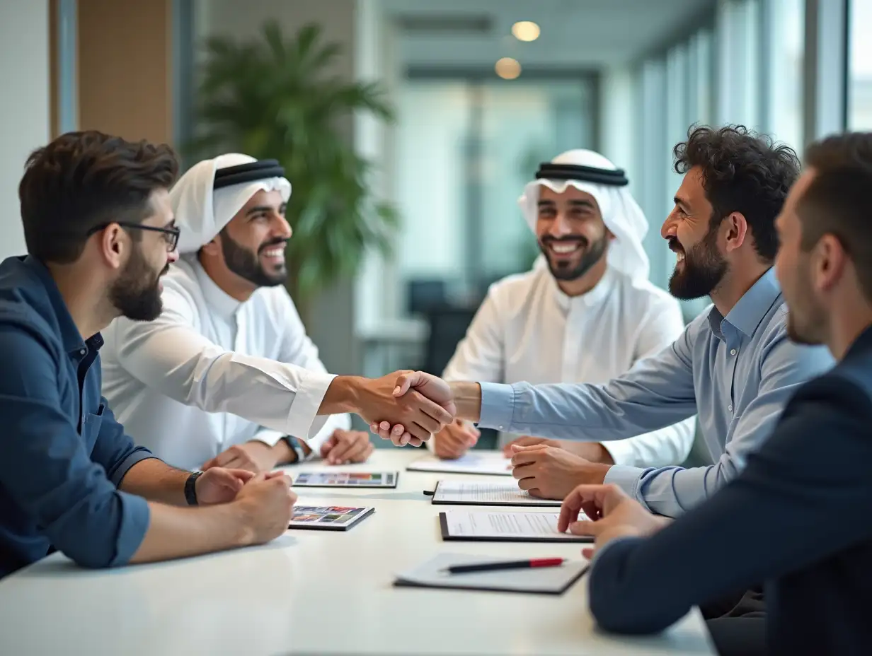 Cheerful young Muslim business partners shaking hands in office, greeting each other at negotiation. Arabian and European businesspeople meeting at large office table, discussing teamwork