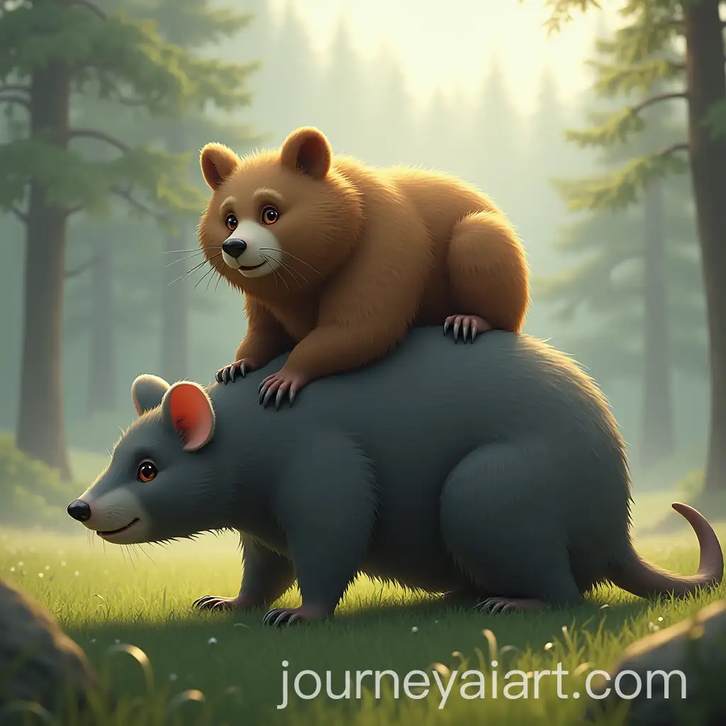 Brown-Bear-Sitting-on-a-Giant-Gray-Rat-in-a-Forest-Clearing