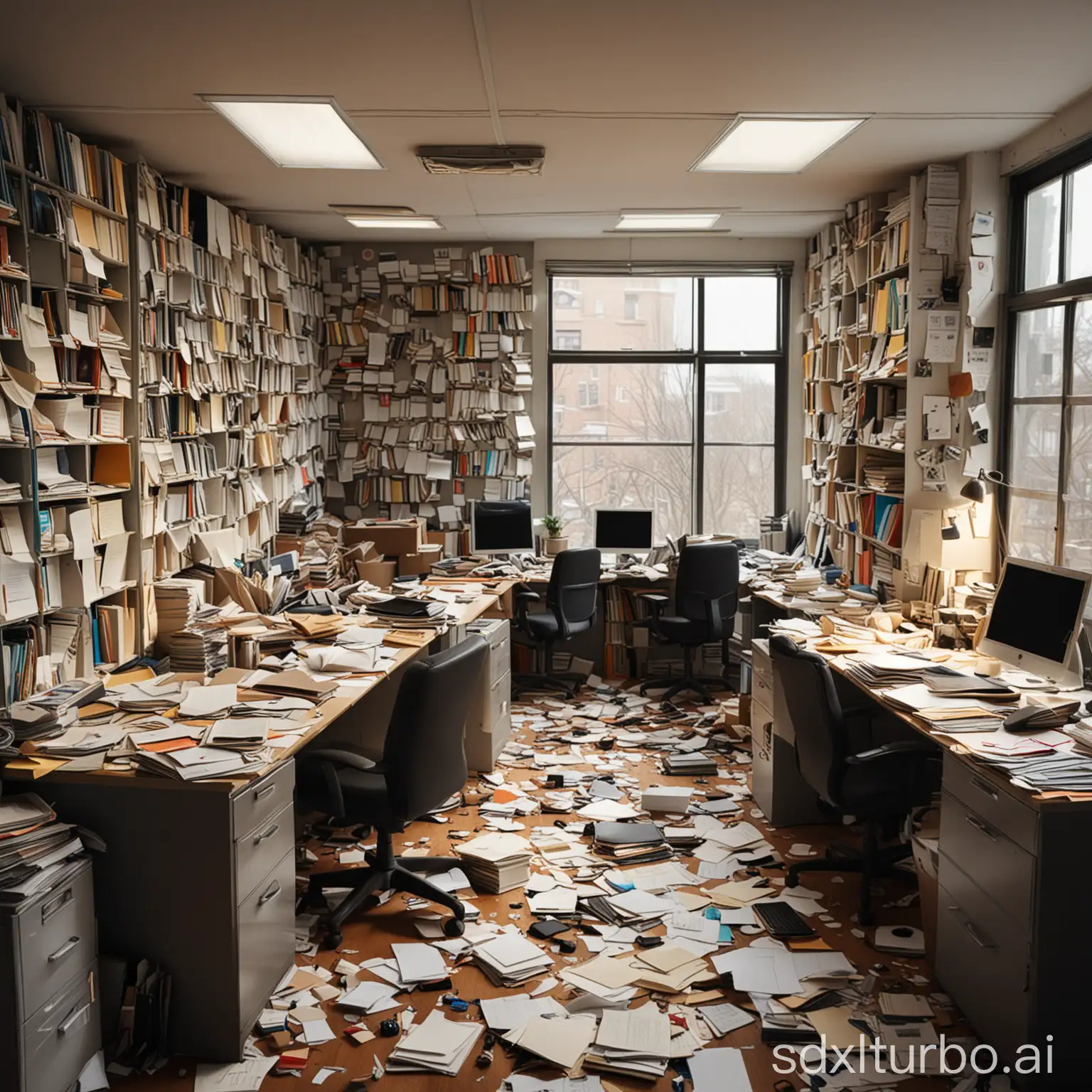 A chaotic office environment with desks cluttered with papers, books, and office supplies. The floor is covered with scattered documents and folders, creating a disorganized and overwhelming atmosphere. Multiple bookshelves line the walls, filled with files, books, and binders, while bulletin boards and walls are covered with pinned papers and notes. The lighting is natural, coming through large windows, illuminating the mess. The office has a modern setup with several black office chairs and computers on the desks, emphasizing the busy, chaotic setting. Semi-realistic style with high detail and vibrant colors.