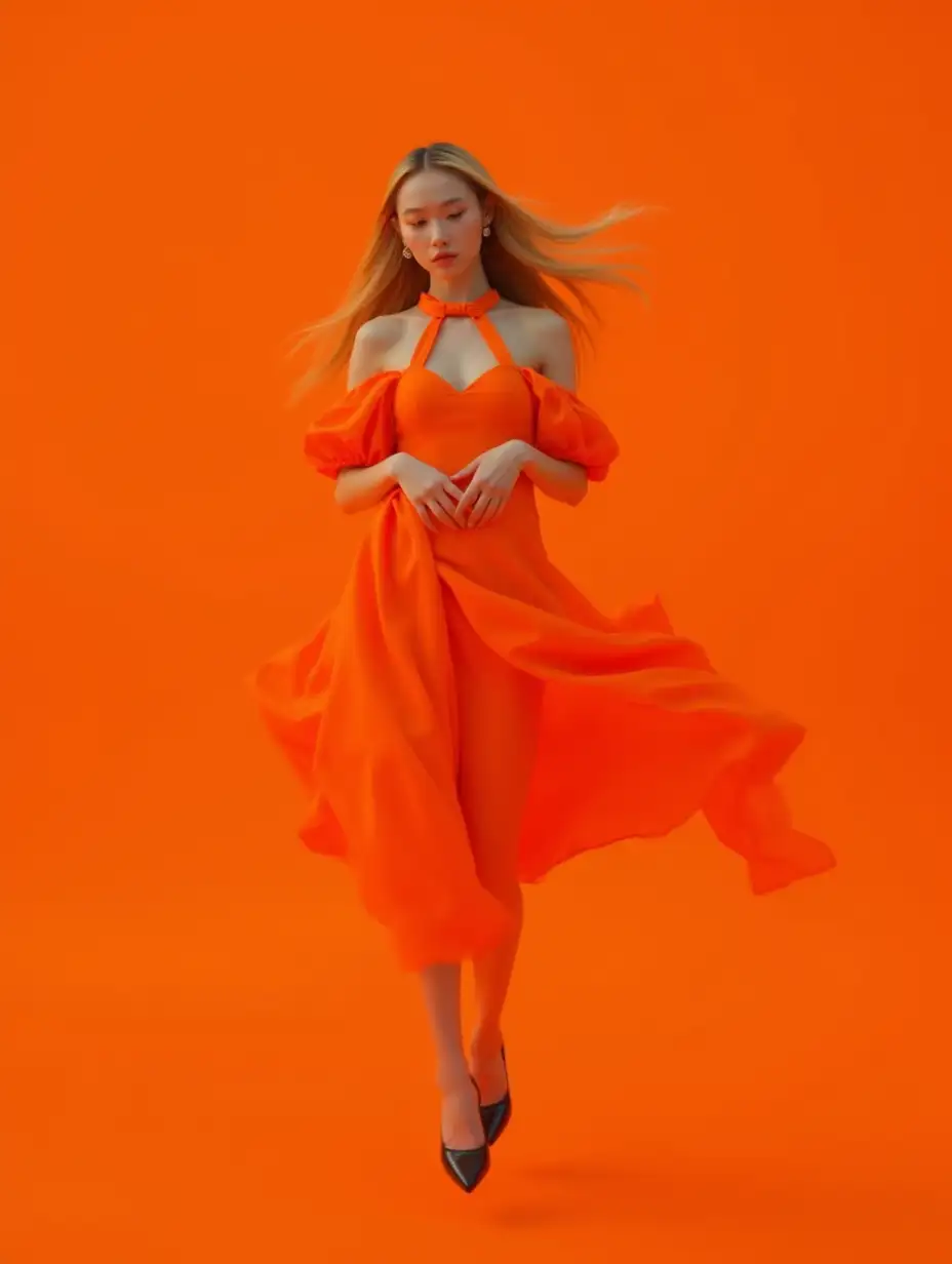 A stunning young japanese woman with long, flowing golden-blonde hair is captured in mid-air, her hair and dress billowing gracefully. She wears a striking, elegant orange gown with a halter neckline and off-shoulder ruffled sleeves. The fabric is lightweight and voluminous, creating a dramatic floating effect as it ripples around her. Her delicate features include radiant, smooth skin, soft pink lips, and mesmerizing eyes that gaze downward with an ethereal expression. She wears sleek black high heels, adding a contrast to the vibrant orange tones of her dress. Her pose is dynamic yet graceful, with her legs crossed at the ankles and her hands resting gently on her lap. The perspective is shot from below, emphasizing a sense of height and weightlessness, making her appear as if she is floating effortlessly in the air. The background is a rich, monochromatic orange, blending seamlessly with her dress and enhancing the bold, artistic aesthetic. The lighting is soft and evenly distributed, casting a gentle glow on her face and highlighting the subtle textures of the fabric. The atmosphere is surreal and fashion-forward, evoking the essence of a high-end editorial shoot. Focusing on intricate details such as the movement of the fabric, the natural fall of her hair, and the soft interplay of light and shadow. The composition is balanced, with the flowing fabric creating a sense of movement and depth, while the subject remains the clear focal point. IMG-7587.JPG