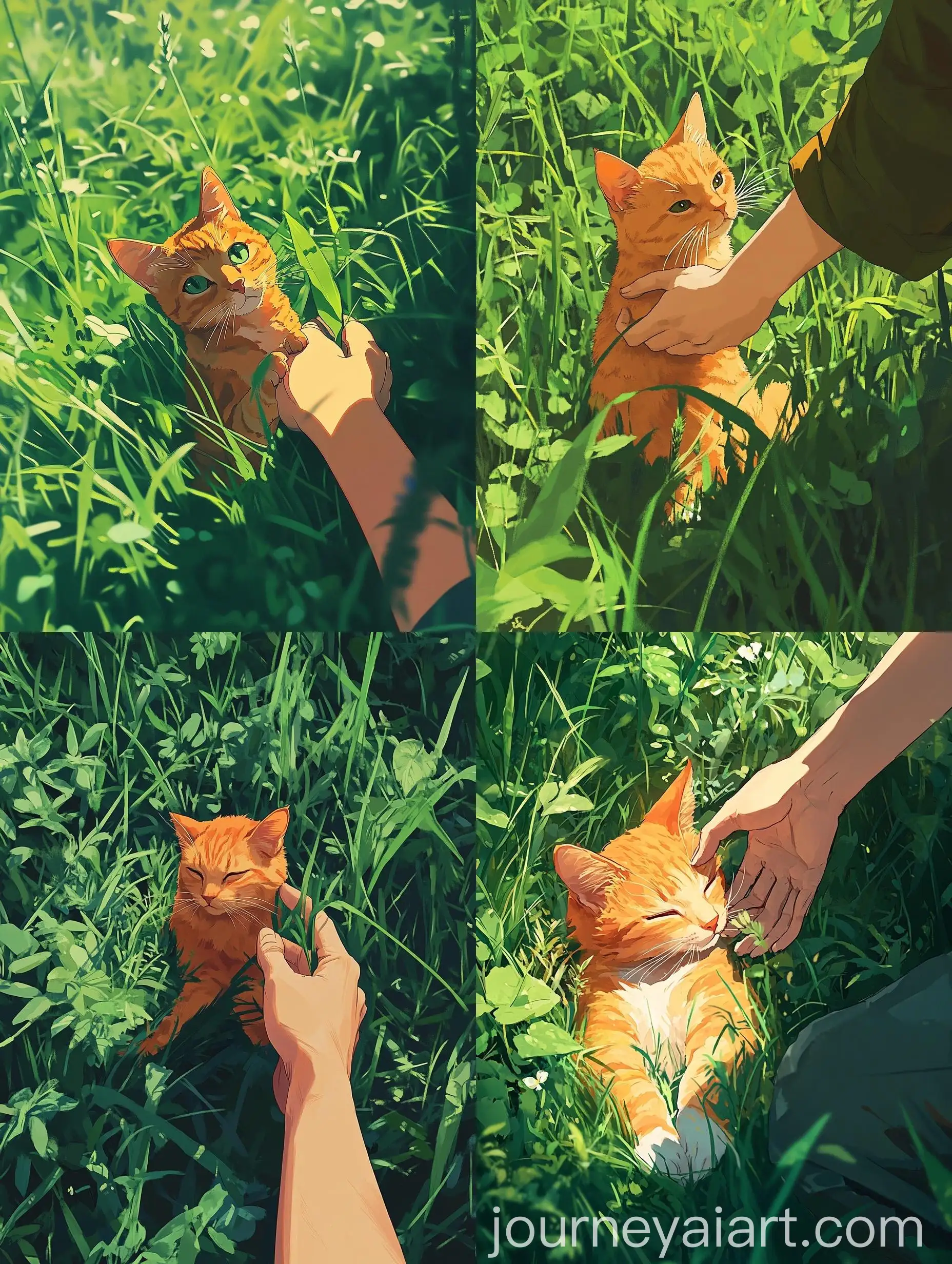 Minimalistic-Anime-Style-Orange-Cat-Sitting-on-Human-Leg-in-Green-Grass