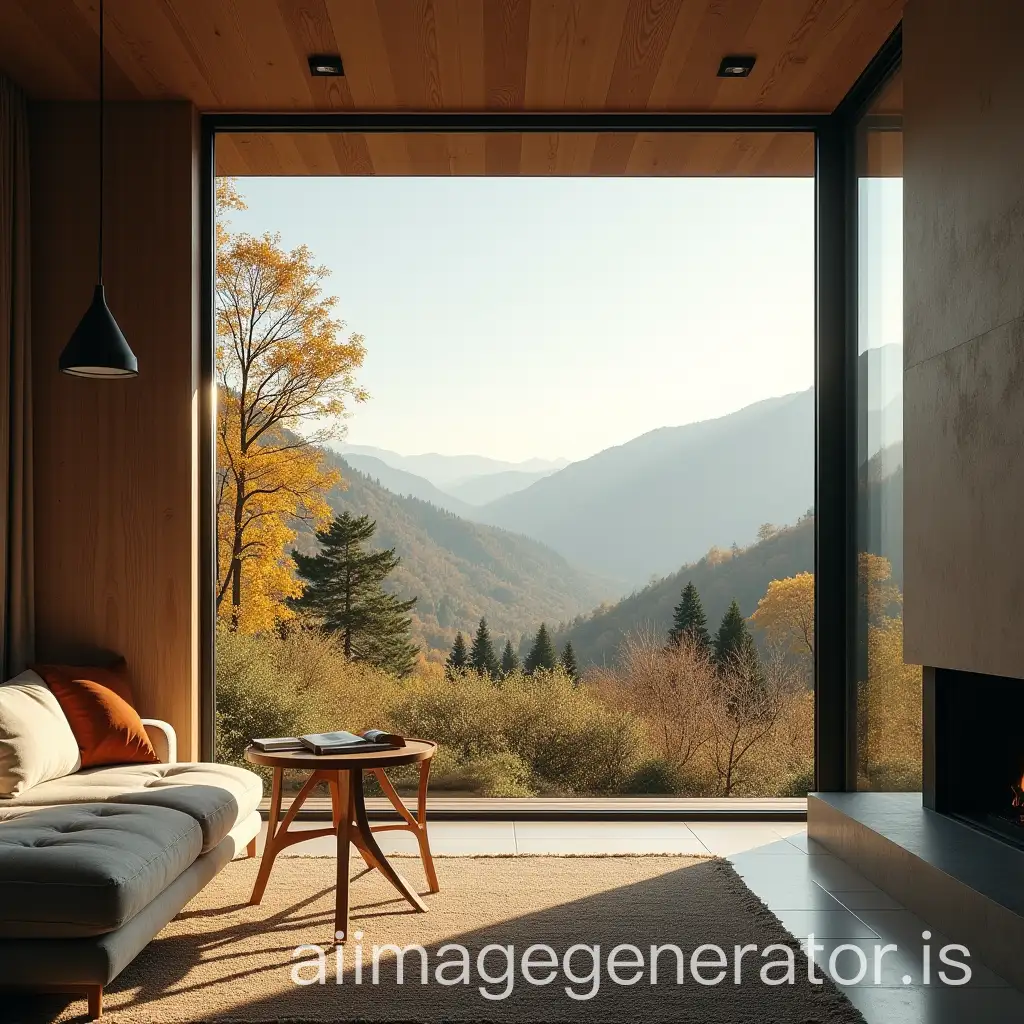 views of a landscape from within a house, through a window located in the living room