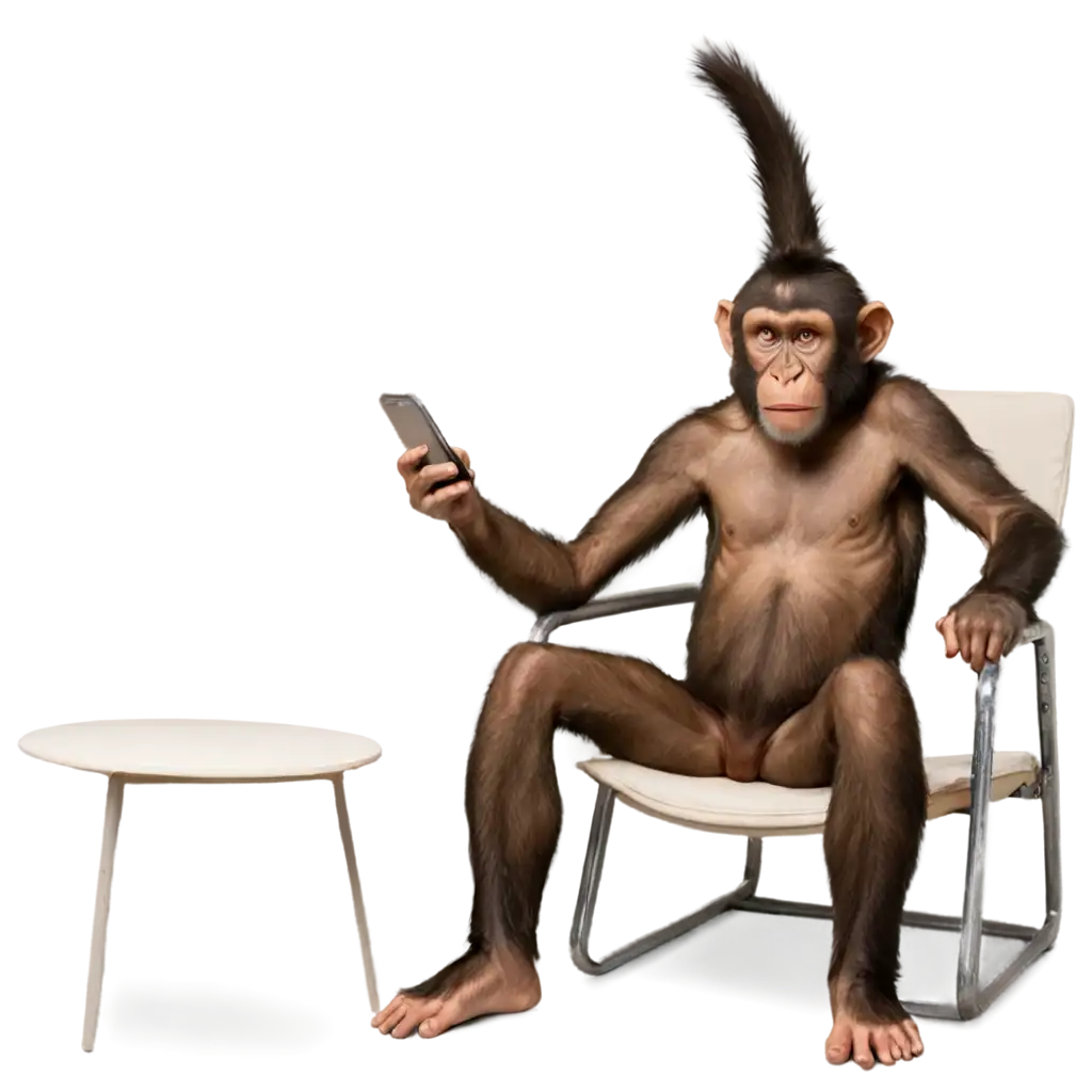 PNG-Image-of-a-Monkey-Sitting-in-a-Chair-Using-a-Mobile-with-a-Happy-Reaction-HighQuality-Visual-for-Various-Uses