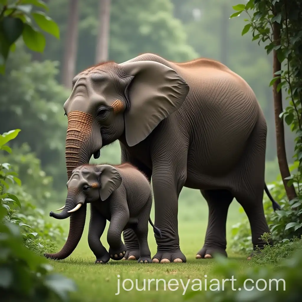 Baby-Elephant-Taking-First-Steps-in-Lush-Jungle-with-Mother-Guiding