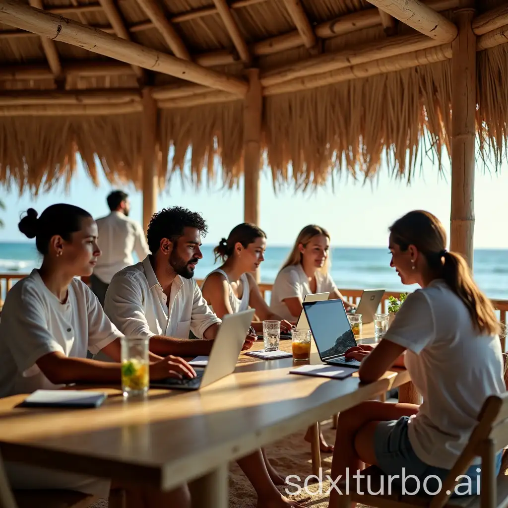 Diverse-Professionals-Working-on-Laptops-in-Bamboo-Beachside-RestaurantBar